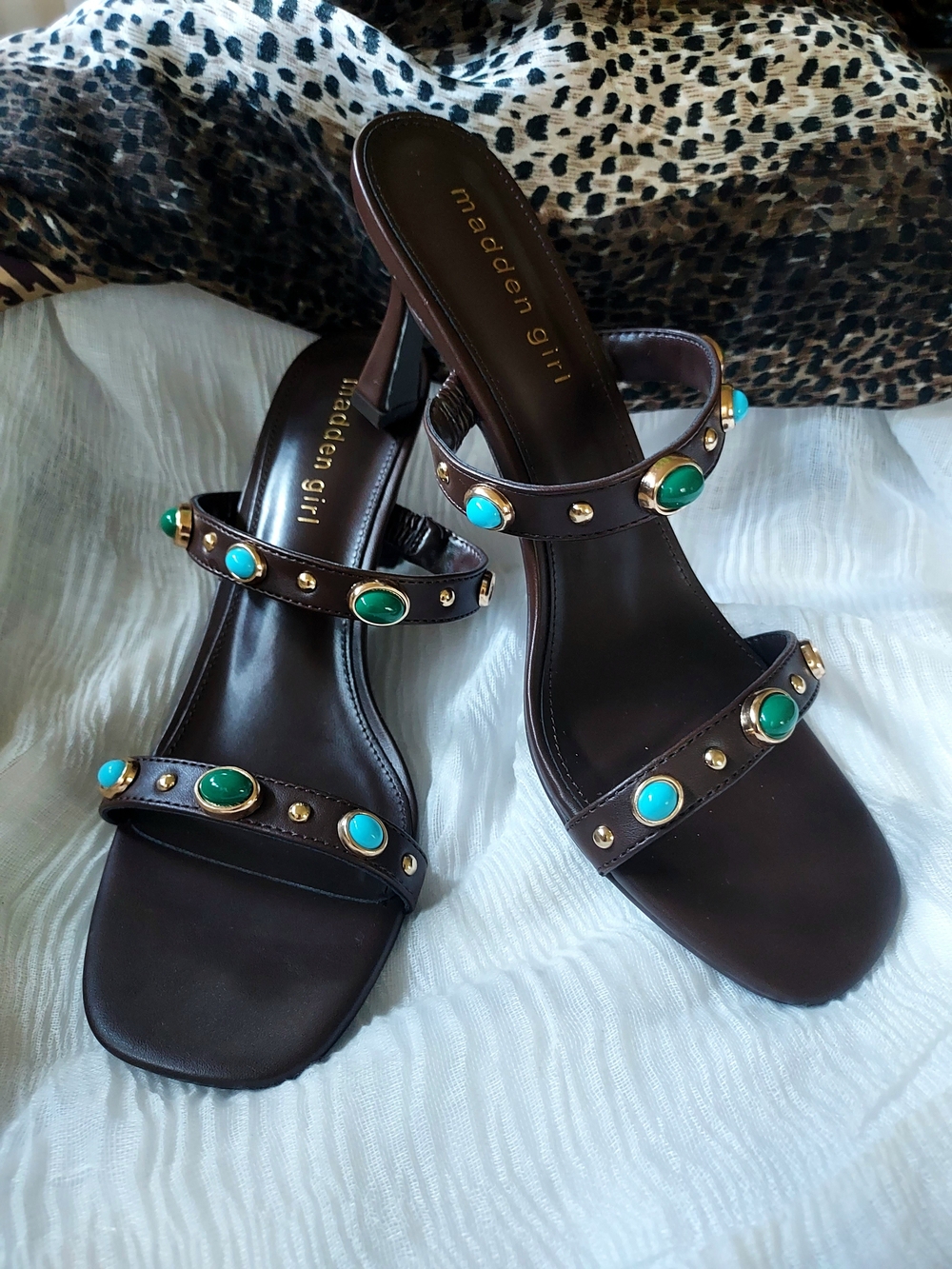Madden Girl Brown Heeled Slide Sandals with Turquoise & Emerald Accents